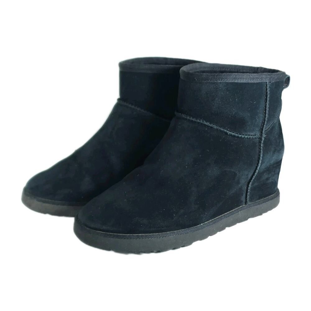 UGG Women’s Classic Femme Mini US10 Black Suede Sheepskin Hidden Wedge Boots